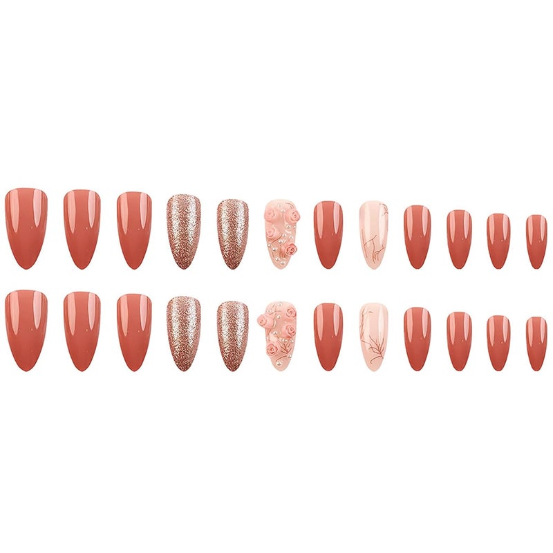 ASABITE 24 Pcs Pink Valentine’s Day Press on Nails Almond Medium Fake Nails with Glue 3D Flower False Nails with Pearl Design Glitter Full Cover Valentines Nails Reusable Stick on Nails for Women Spring Nails - Image 5